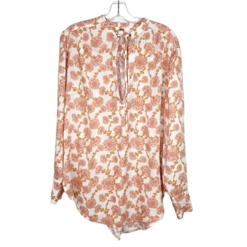 Free People NWT Mia Floral Print Tie Neck Tunic Top in Ivory Combo XS